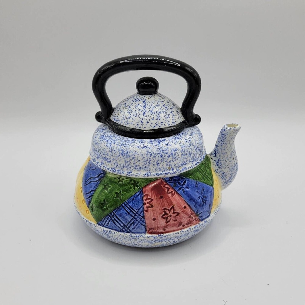 Vtg 1993 Fitz & Floyd OCI Omnibus Spongeware Patchwork Miniature Ceramic Teapot
